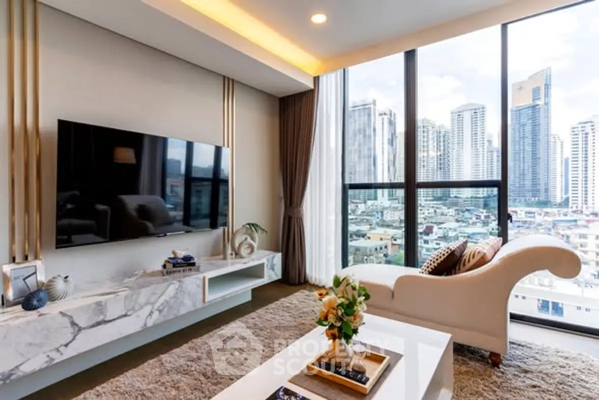 Luxurious living room with stunning city view, modern decor, and elegant furnishings in a high-rise apartment.