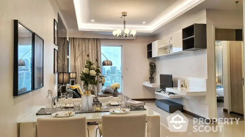 Modern open-plan living and dining area with city view, elegant decor, and stylish lighting.