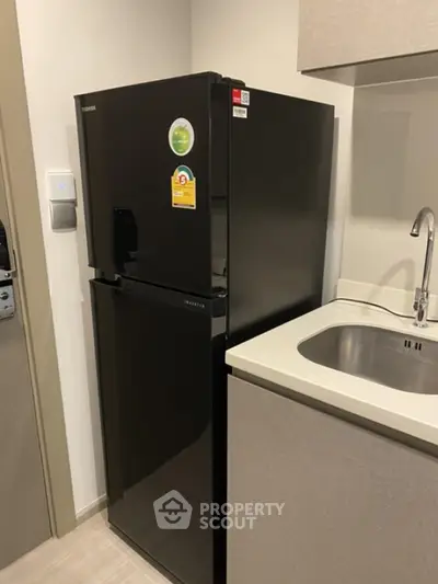 Modern kitchen corner with sleek black refrigerator and stainless steel sink