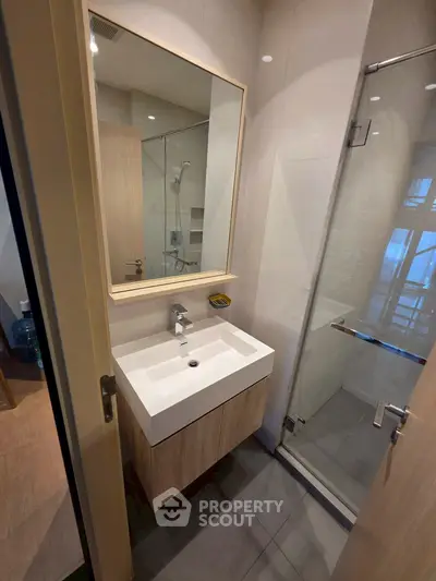 Modern bathroom with sleek sink and glass shower enclosure
