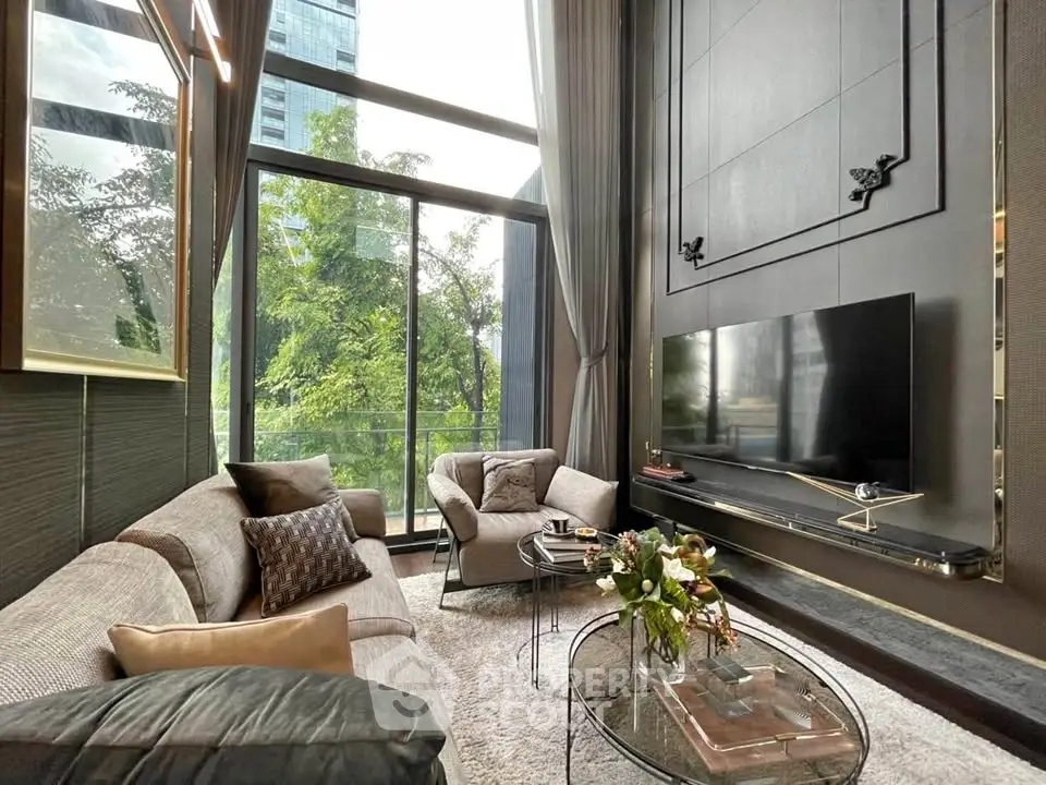 Luxurious modern living room with floor-to-ceiling windows and elegant decor.
