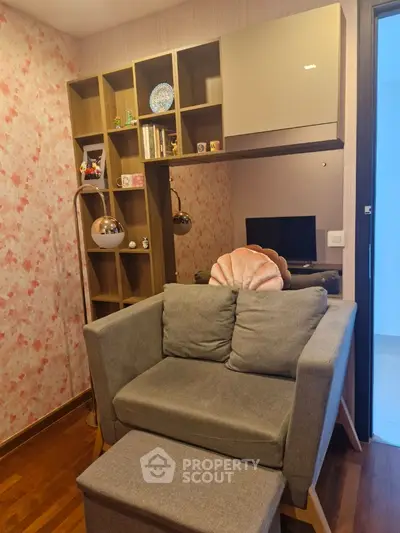 Cozy living room with modern decor and stylish shelving unit