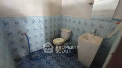 Cozy bathroom with vintage blue floral tiles and modern fixtures.