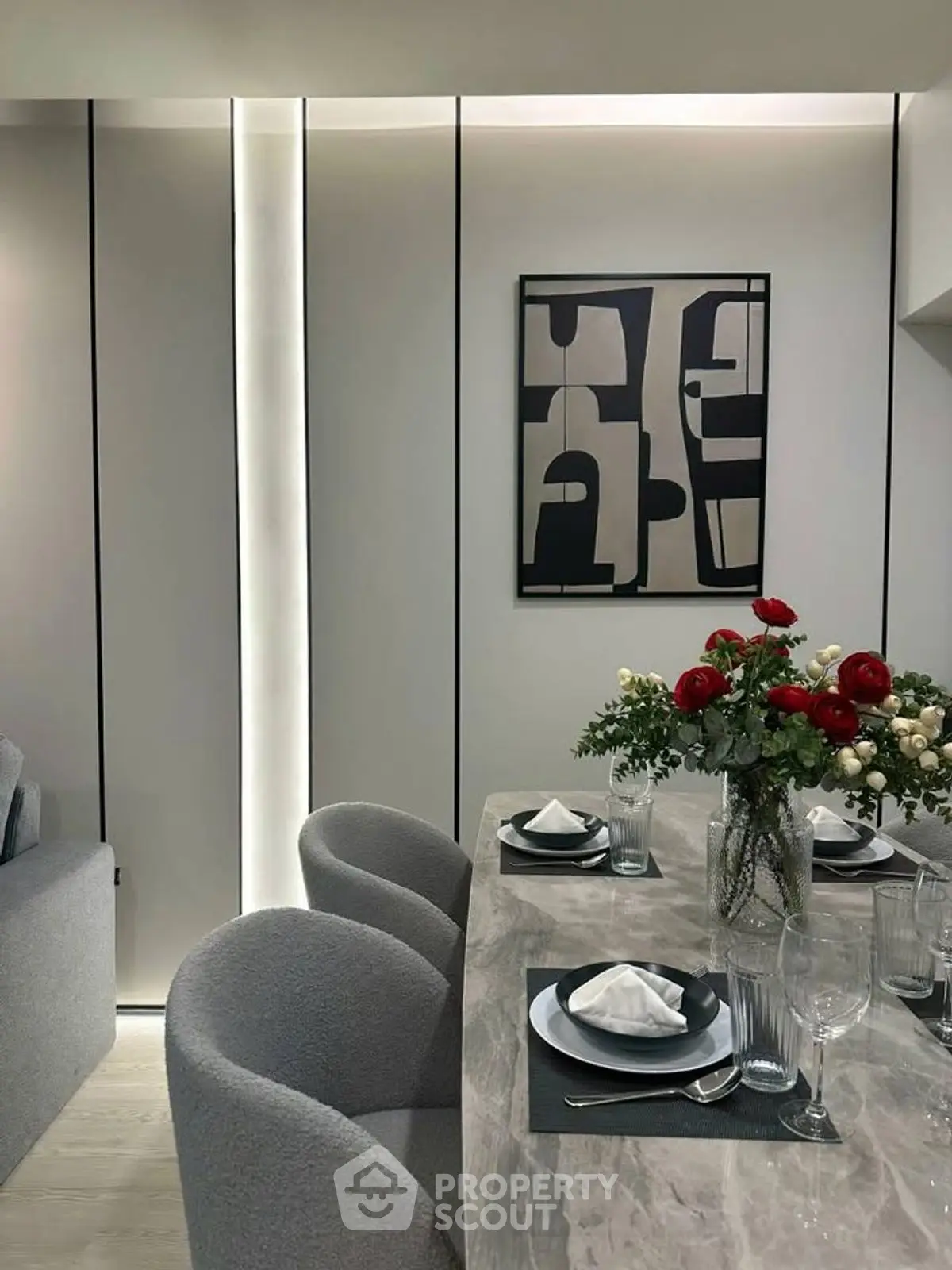 Elegant dining area with modern decor and stylish table setting