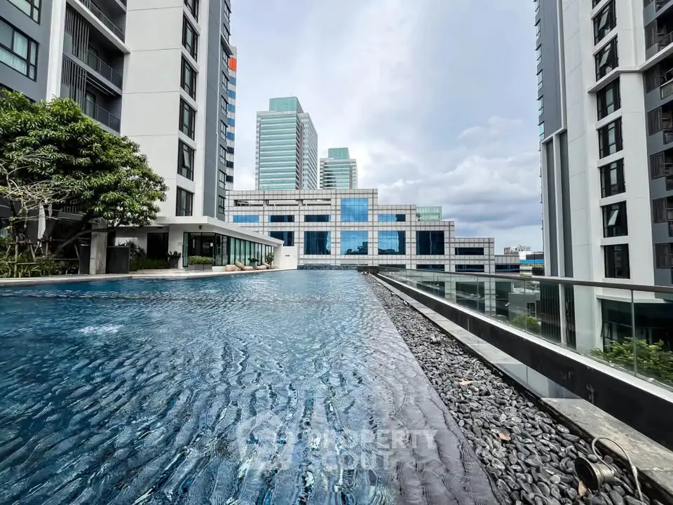 Luxurious rooftop pool with stunning cityscape views in modern high-rise complex.