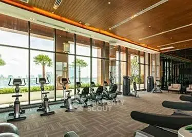 Luxurious gym with panoramic city views and modern fitness equipment in a high-end residential building.