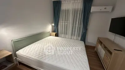 Modern bedroom with minimalist design, featuring a comfortable bed, stylish curtains, and sleek wooden furniture.