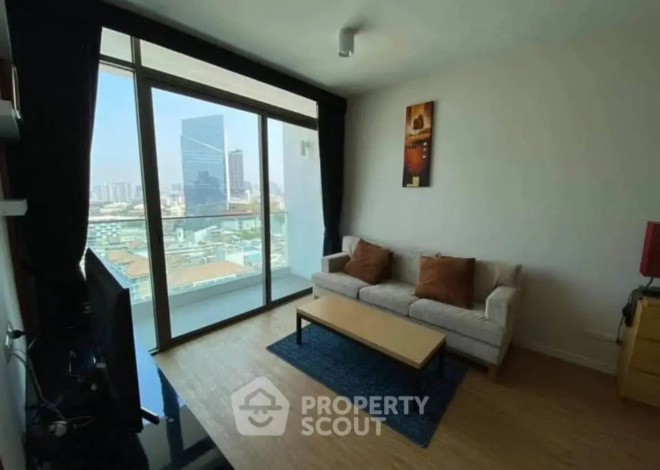 Modern living room with city view and stylish decor
