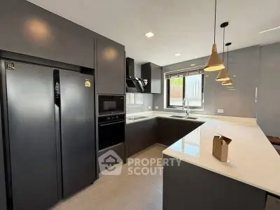 Modern kitchen with sleek dark cabinetry and stylish pendant lighting