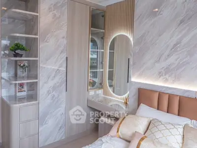 Luxurious bedroom with elegant marble accents and stylish vanity