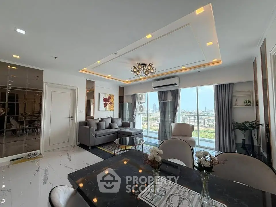 Luxurious modern living room with stunning city view and elegant decor