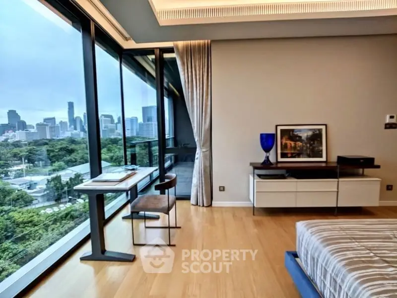 Luxurious bedroom with stunning city view and modern decor