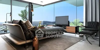 Luxurious modern bedroom with panoramic views and sleek furnishings.