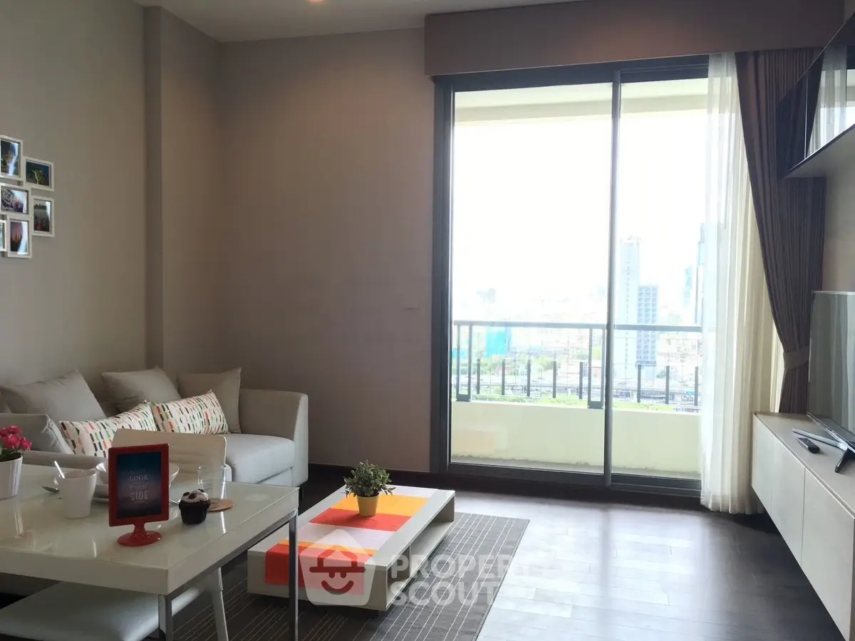 Modern living room with balcony view in urban apartment