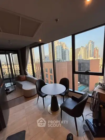 Modern living room with panoramic city view and stylish furniture