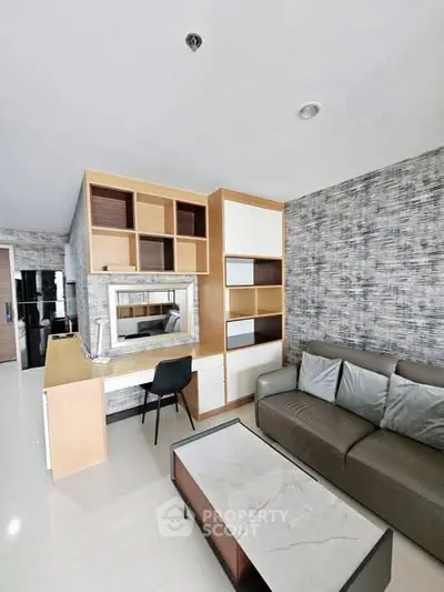 Modern living room with stylish furniture and built-in storage solutions