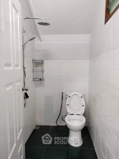 Compact bathroom with shower and toilet in minimalist design.