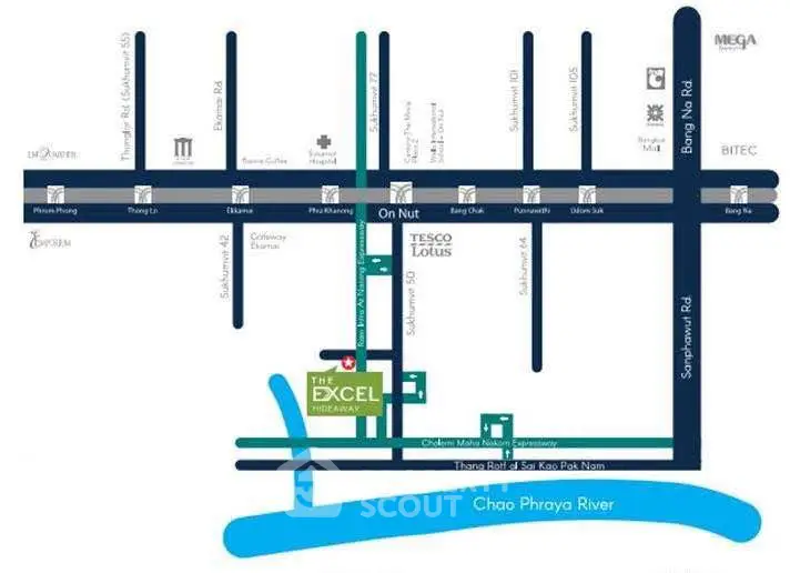 Map showing location of The Excel Hideaway near Chao Phraya River and major roads.