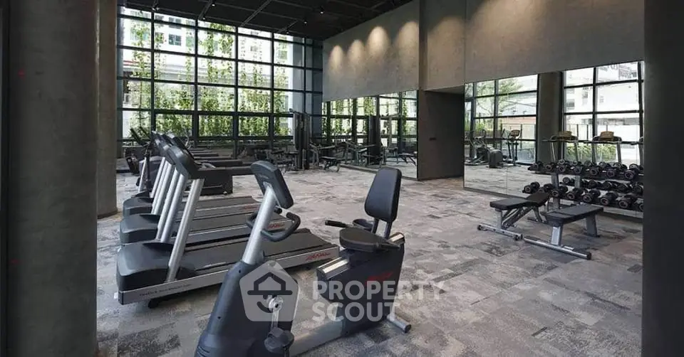Spacious modern gym with state-of-the-art equipment and large windows.