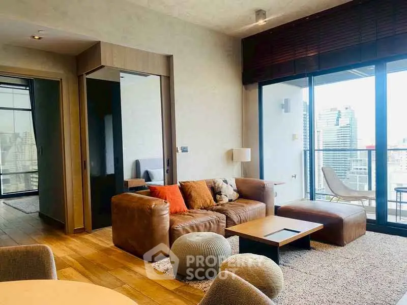 Luxurious modern living room with city view and stylish furniture