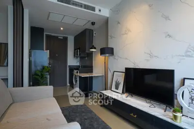 Modern living room with stylish decor and marble accents