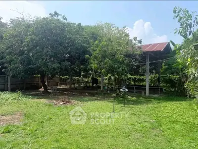 Spacious garden with lush greenery and a covered outdoor area, perfect for relaxation and outdoor activities.
