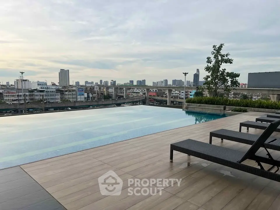 Luxurious rooftop pool with stunning city skyline view, perfect for relaxation and leisure.