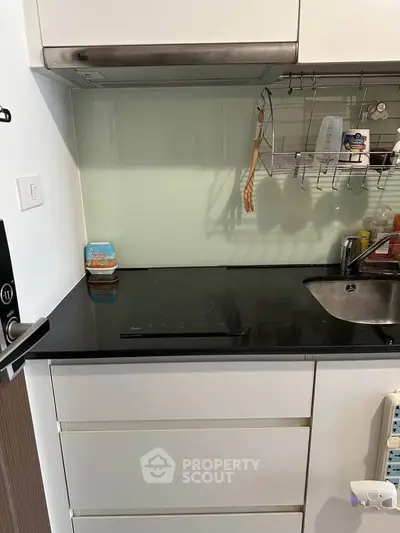Modern kitchen with sleek induction cooktop and stainless steel sink, featuring a minimalist design and efficient layout.