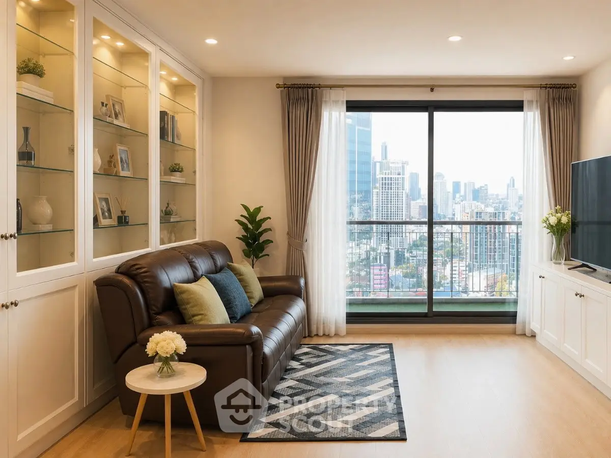Luxurious living room with city view, elegant decor, and large windows for natural light.