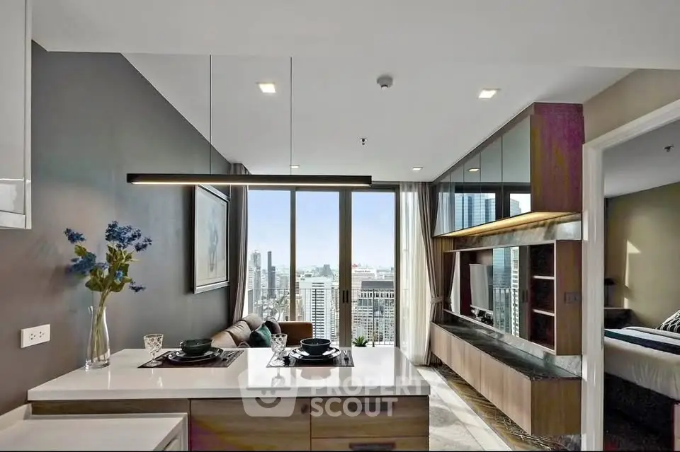 Modern living room with city view, sleek furniture, and stylish decor