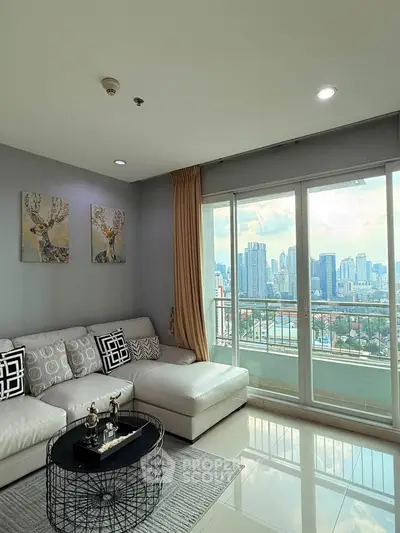 Luxurious living room with stunning city view and elegant decor