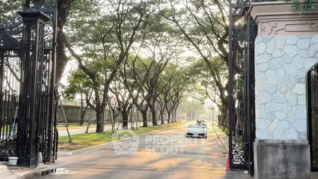 Elegant gated entrance with tree-lined driveway and luxury car, showcasing upscale real estate ambiance.