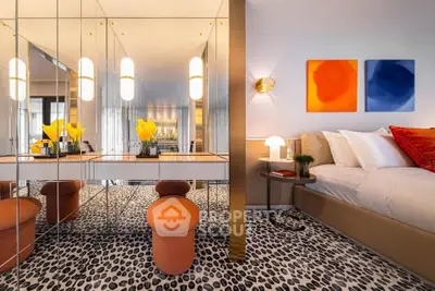 Luxurious bedroom with mirrored walls and vibrant decor