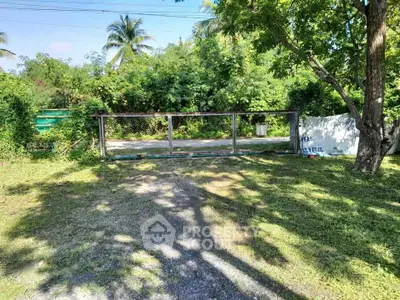 Spacious garden area with lush greenery and a secure gate, perfect for outdoor activities.