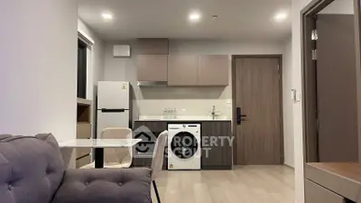 Modern apartment interior with kitchen and living area featuring washing machine and sleek furniture.