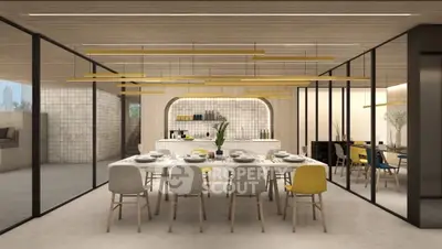 Modern dining area with sleek design and elegant lighting, perfect for entertaining guests.