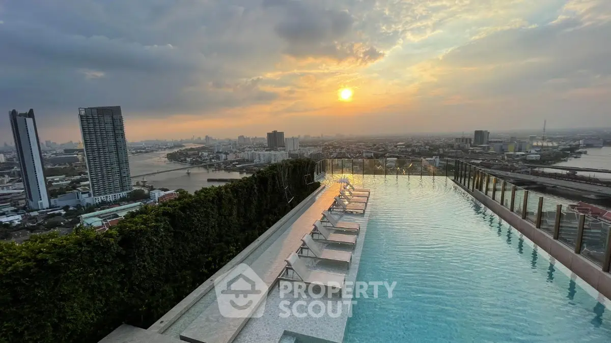 Stunning rooftop pool with panoramic city skyline and sunset view