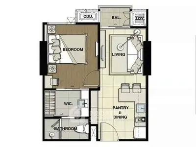 Modern apartment floor plan with bedroom, living area, and balcony.