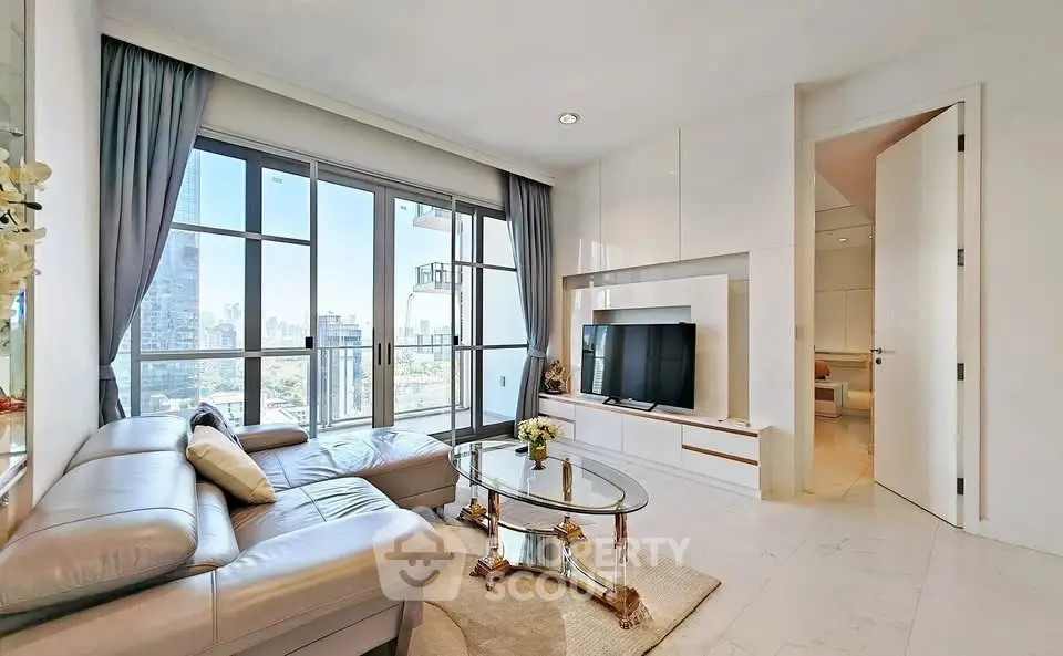 Luxurious living room with panoramic city view and elegant furnishings