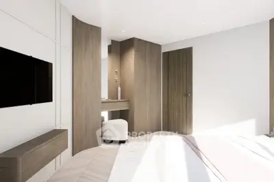Modern bedroom with sleek wooden accents and wall-mounted TV