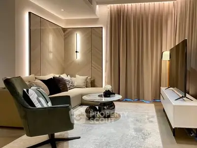 Luxurious modern living room with elegant decor and ambient lighting