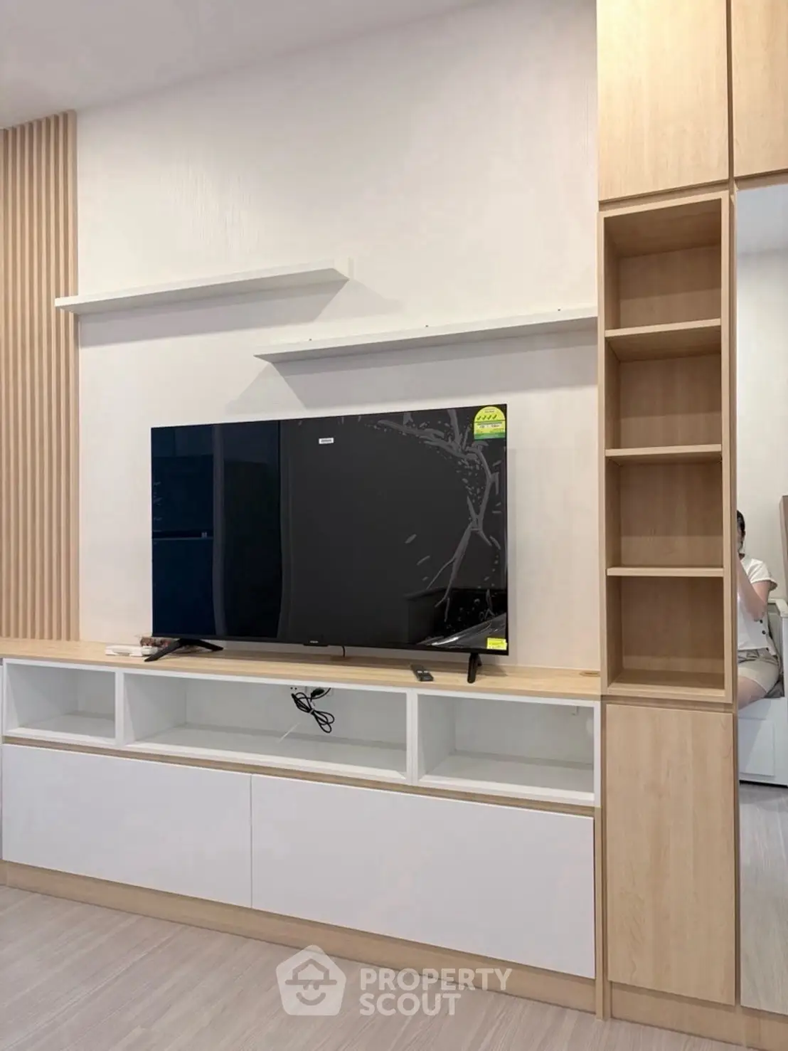 Modern living room with sleek TV unit and wooden shelving