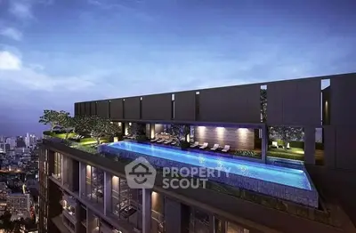 Luxurious rooftop pool with stunning city view at twilight, perfect for relaxation and entertainment.