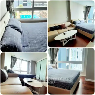 Modern apartment interior with spacious living area and large windows overlooking pool view.