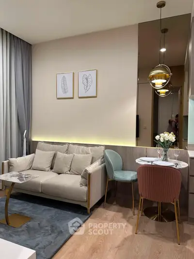 Stylish modern living room with elegant decor and cozy dining area, perfect for urban living.