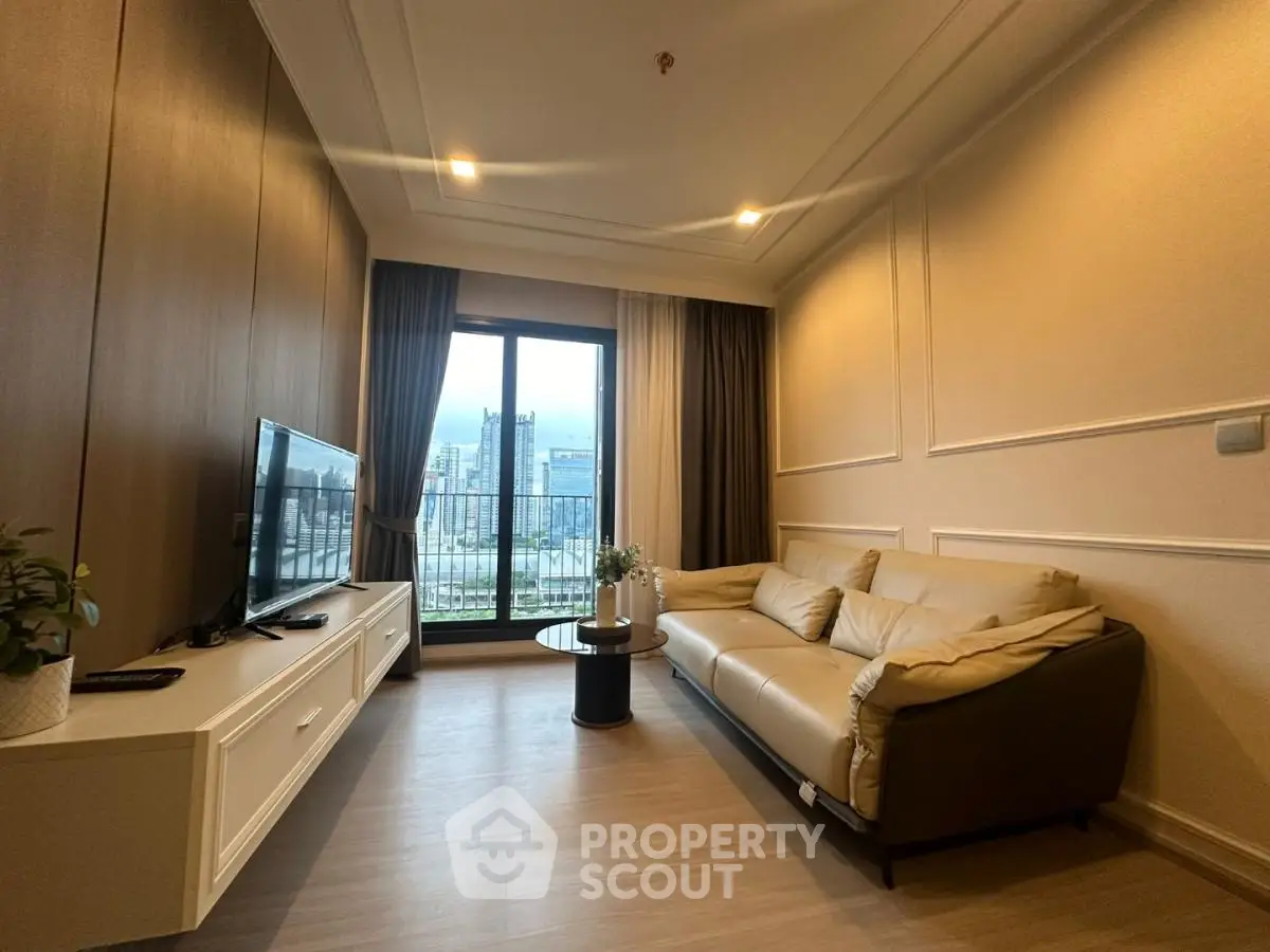 Modern living room with city view, stylish furniture, and elegant decor
