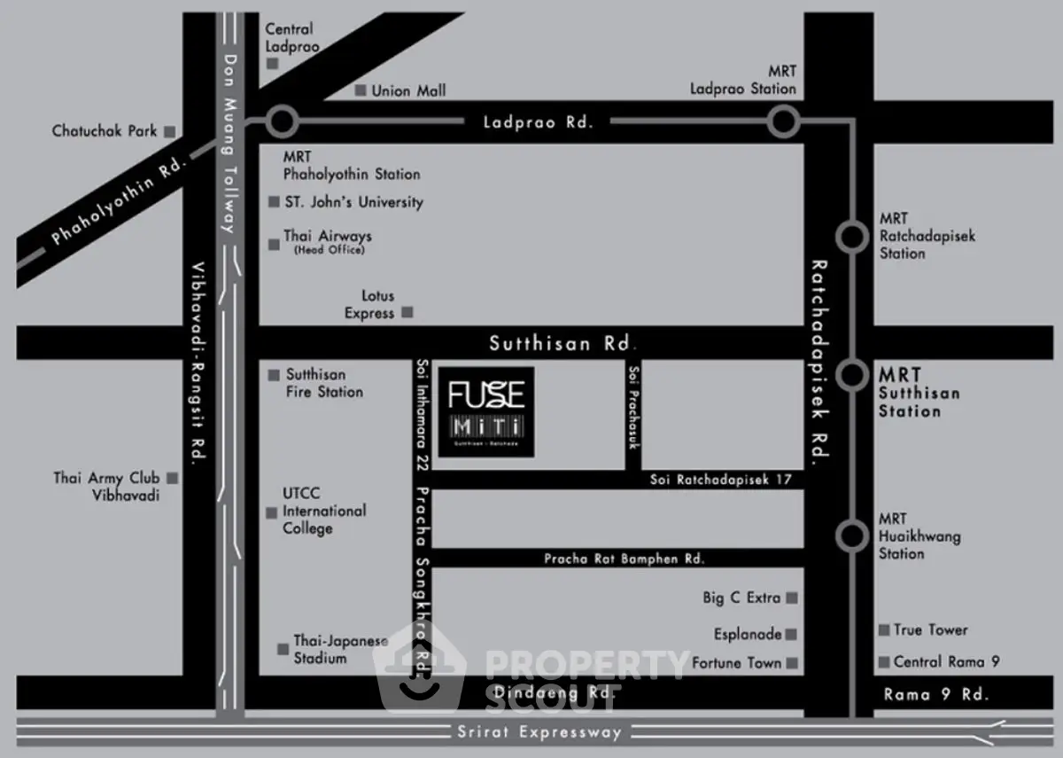 Map showing Fuse Miti condo location near MRT and major roads in Bangkok.
