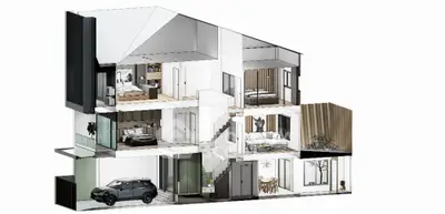 Modern architectural cutaway of a multi-level home showcasing interior design and layout.