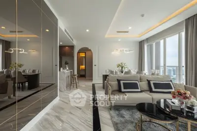 Luxurious modern living room with elegant decor and city view