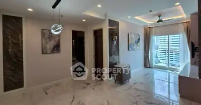 Luxurious modern living room with marble flooring and elegant lighting